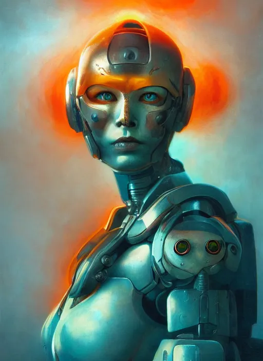 Image similar to ( ( symmetry ) ) closeup portrait of a stunning armored cyborg girl ( ( ( crying in tears ) ) ), ( bird in hands ), strong cinematic light, backlit, teal orange, viscous volumetric smoke, mist, by gerald brom, by mikhail vrubel, by peter elson, muted colors, extreme detail, trending on artstation, 8 k