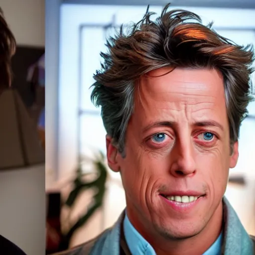 Prompt: cross between michael schumacher and hugh grant sits at a desk and stares at a screen with a concerned expression, optimal focal length