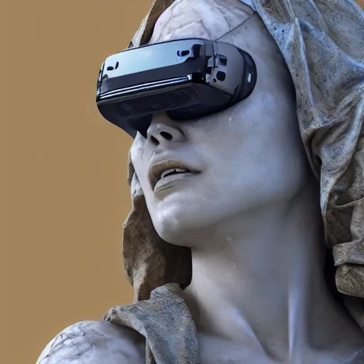 Image similar to the distressed and damaged head of a marble cybernetic lady justice statue wearing a virtual reality headset on ground covered in sand, cyberpunk background, highly detailed, epic lighting, hyper photorealism, 8 k