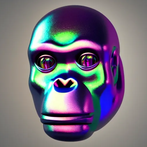 Prompt: 3d render of holographic chimpanzee robotic head made of glossy iridescent, surrealistic 3d illustration of a chimpanzee face non-binary, non binary model, 3d model ape, cryengine, made of holographic texture, holographic material, holographic rainbow, concept of cyborg and artificial intelligence