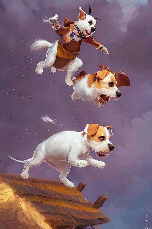 Image similar to adorable jack russel terrier jumping over a small house, fantasy art, artstation character design contest winner, trending on cgsociety, concept art, speedpaint, beautiful digital art, jesper ejsing, james jean, justin gerard, fenghua zhong, makoto shinkai, highly detailed