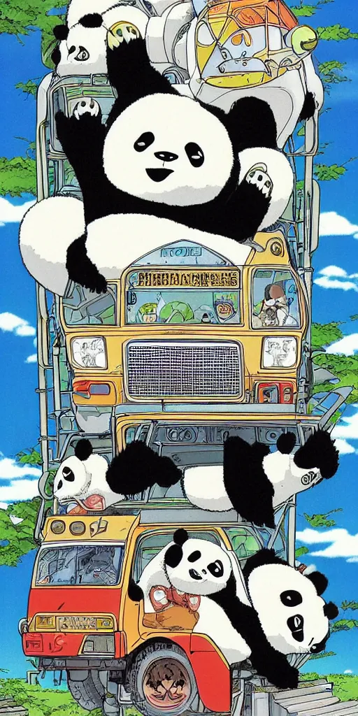 Image similar to a panda bus like totoro, 1990s anime, full color, tarot card the chariot, highly detailed,