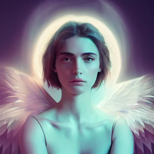 Image similar to portrait art of female angel by alessio albi 8 k ultra realistic, angel wings, lens flare, atmosphere, glow, detailed, intricate, full of colour, cinematic lighting, trending on artstation, 4 k, hyperrealistic, focused, extreme details, unreal engine 5, cinematic, masterpiece