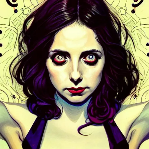 Prompt: beautiful alison brie magician, black magic spells, in the style of joshua middleton, creepy pose, spooky, symmetrical face symmetrical eyes, vibrant cinematic lighting, detailed realistic eyes, insanely detailed and intricate elegant, aquapunk, titian, bioshock, artgerm, underwater home
