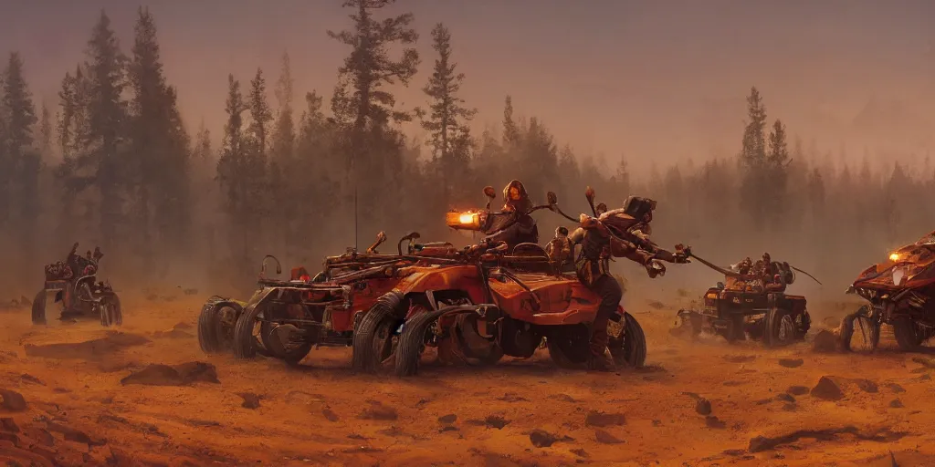 Prompt: indian on wooden native atv attacking bufallos, action scene, an epic fantasy, dramatic lighting, cinematic, establishing shot, extremely high detail, photorealistic, cinematic lighting, artstation, octane render, by simon stalenhag, horizon forbidden west and western