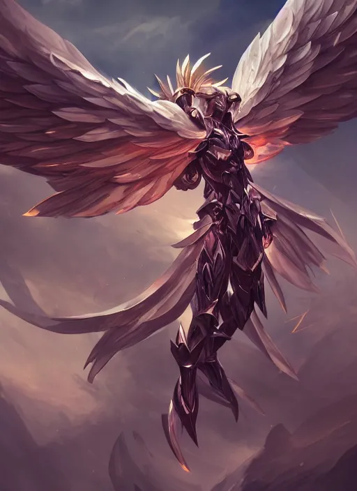 Prompt: a highly detailed illustration of winged divine armored angel, ominous floating pose, intricate, elegant, highly detailed, centered, digital painting, artstation, concept art, smooth, sharp focus, league of legends concept art, wlop.