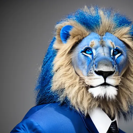 Prompt: a studio photograph of a blue lion wearing a tuxedo suit,professional photography,studio lighting,studio photo,professional lighting,3 point lighting,dramatic,8k,detailed face,hyperdetailed,photorealistic