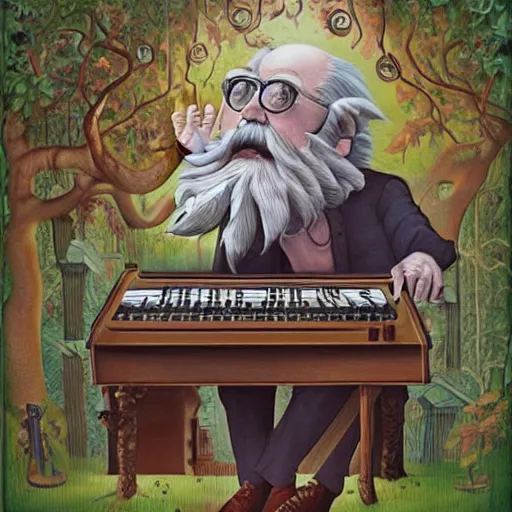 Image similar to old man white beard playing a synthesizer in a tree house, notes and clefs listening , lowbrow surrealistic, in the style of Mark Ryden,