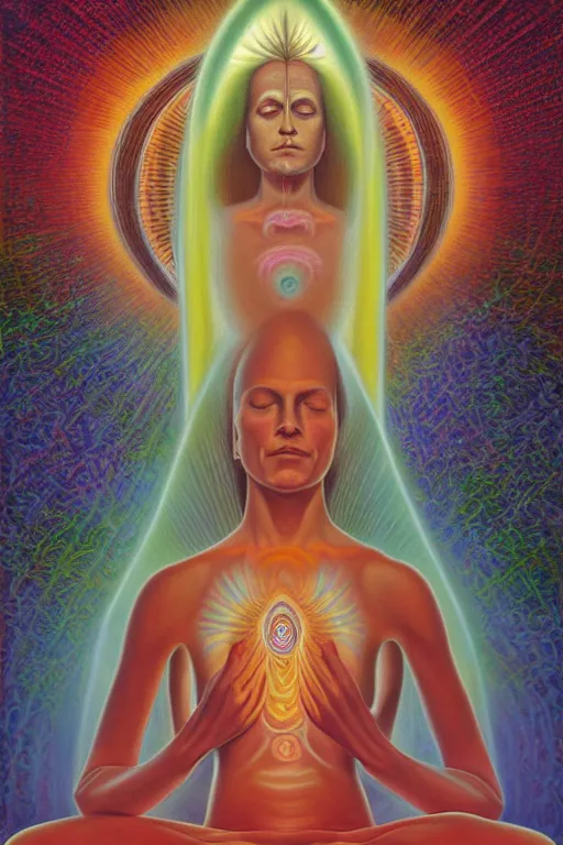 Image similar to transcendental meditation cult woman, opening third eye, chakra energy waves resonating from her body, ethereal aura, epic surrealism 8k oil painting, portrait, perspective, high definition, post modernist layering, by Raymond Swanland, Barclay Shaw, Alex Grey