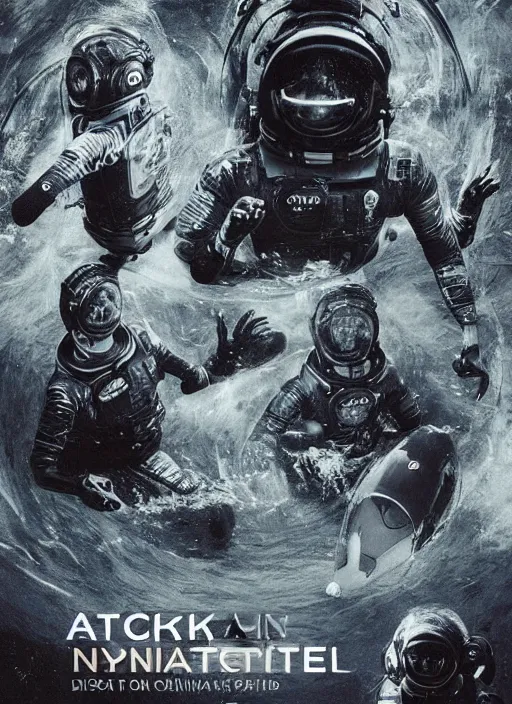 Image similar to astronauts in dark minimalists underwater - hyperdetailed suit. reflection and dispersion materials. rays and dispersion of light. volumetric light. 5 0 mm, f / 3 2. noise film photo. flash photography. ultra realistic, wide angle. poster by wayne barlowe, hajime sorayama aaron horkey, craig mullins. dark key.