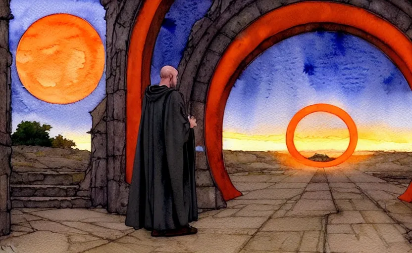 Prompt: a hyperrealist watercolor concept art of a medieval monk in grey robes with an orange sunset sky. a stargate is in the background and an blue sky is seen through the stargate. very muted colors, by rebecca guay, michael kaluta, charles vess. high detail, hq, wide shot, 4 k