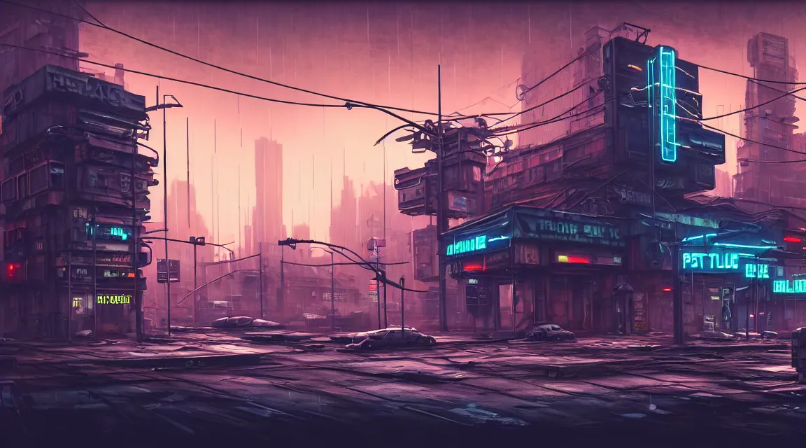 Prompt: post apocalyptic cyberpunk police station, building, avenue, urban architecture, americana architecture, concrete architecture, cloudy sky, paved roads, in the style of simon stalenhag, guido borelli, trending on artstation, photorealistic, wild vegetation, utopian, futuristic, blade runner, vivid colors scheme, neon signs, sharp, clear, focus