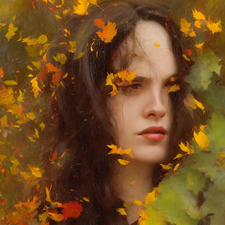 Prompt: when the leaves start to turn to the color of your hair, oil on canvas, close up portrait of a beautiful woman, very wavy hair with shades of yellow and red, many leaves and branches in the foreground, in a forest in autumn, by jeremy lipking, craig mullins