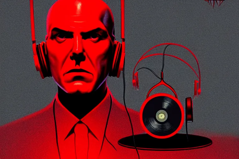 Image similar to a portrait of agent 4 7 from hitman wearing headphones and putting a vinyl record onto a turntable, dark background, red rim light, digital art, artstation, concept art by giger stalenhag