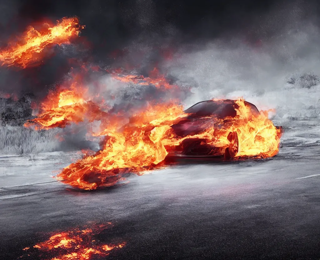 Prompt: Everything in fire, black car on the icy road going through it, hyperrealistic render