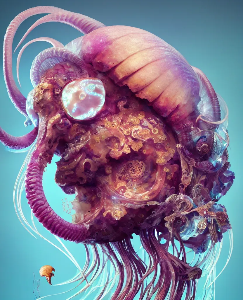 Image similar to goddess close-up portrait ram skull. jellyfish phoenix head, nautilus, orchid, ram skull, betta fish, bioluminiscent creatures, intricate artwork by Tooth Wu and wlop and beeple. octane render, trending on artstation, greg rutkowski very coherent symmetrical artwork. cinematic, hyper realism, high detail, octane render, 8k