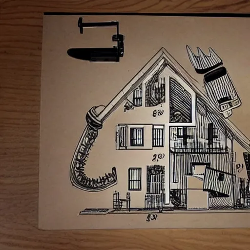 Prompt: house made of chainsaw parts drawn like a patent drawing