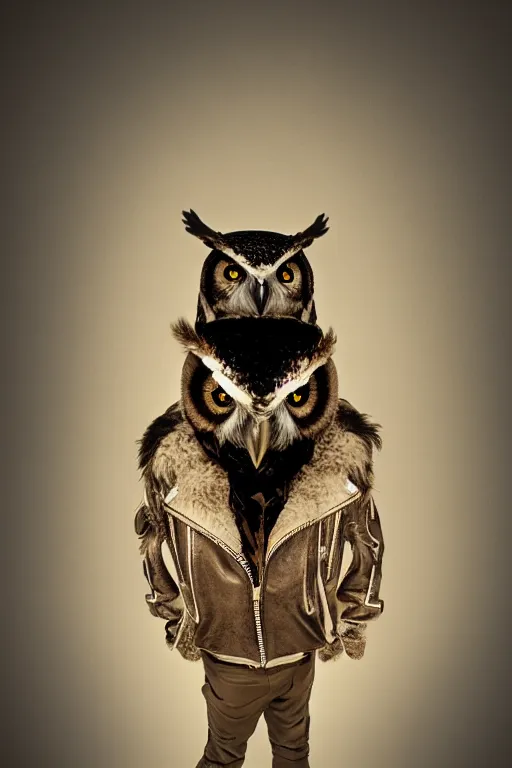 Image similar to front of owl wearing biker jacket, portrait photo, full body, backlit, studio photo, golden ratio