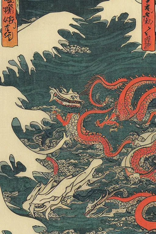 Image similar to A sea of dragons by Utagawa Kuniyoshi, ukiyo-e, nightmare ocean storm