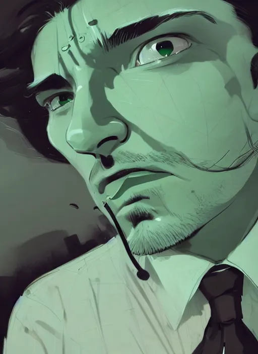 Image similar to highly detailed closeup portrait of very serious staring shia lebouf, in a suit by atey ghailan, by greg rutkowski, by greg tocchini, by james gilleard, by joe fenton, by kaethe butcher, gradient green, black and white color scheme, grunge aesthetic!!! ( ( graffiti tag wall background ) )