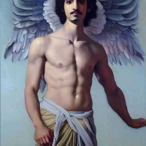 Image similar to Oil painting of the handsome Avan Jogia with angel wings, naturalism, dramatic lighting, high-detailed oil painting by Ilya Repin, Michelangelo da Caravaggio, William Blake, Alex Grey and Beksinski, trending on Artsatio, masterpiece, 4k, 8k,