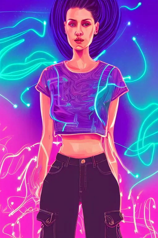 Image similar to a award winning half body portrait of a beautiful woman in a croptop and cargo pants with ombre purple pink teal hairstyle and hands in pockets by ari liloan, surrounded by whirling illuminated lines, outrun, vaporware, shaded flat illustration, digital art, trending on artstation, highly detailed, fine detail, intricate