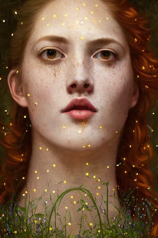 Image similar to portrait of happy a young woman, among the lights of golden fireflies and nature, long loose red hair, intricate details, bright green eyes, freckles on the nose, round gentle face, intricate dress, golden ratio, hyper realistic digital art by artemisia lomi gentileschi and caravaggio, gaston bussiere and tomacz alen kopera.