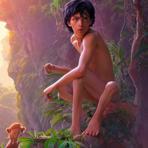 Image similar to skinny young tom holland as mowgli from the jungle book, dynamic lighting, path traced, atmospheric, highly detailed, high quality, beautiful painting, octane render, don bluth, ross tran, studio ghibli, alphonse mucha, jama jurabaev, extremely detailed, brush strokes, artstation, artgerm