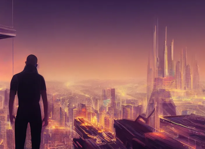 Image similar to closeup of a man [ standing on the pinnacle of a building ]!!, viewing out into a [ futuristic cityscape ]!!, dusk atmosphere, digital art illustrated by max hay and greg rutkowski, [ 8 0 s neon art style ]!!, neon wallpaper!!, golden ratio!!, centered!!