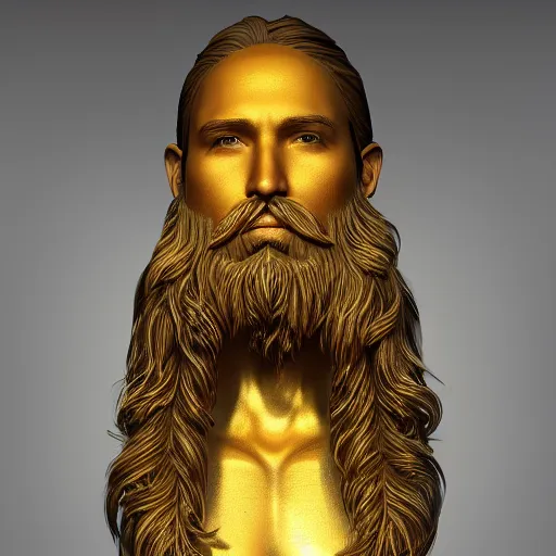 Image similar to a flawless, purely golden man with long hair, with trimmed beard, completely expressionless, casting golden light. entirely golden statue, extremely detailed, full-body statue, award-winning art, trending on Artstation