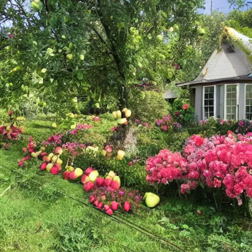 Image similar to A house with a large flower garden and two trees full of apples and pears, top post of all time on /r/curiousplaces subreddit