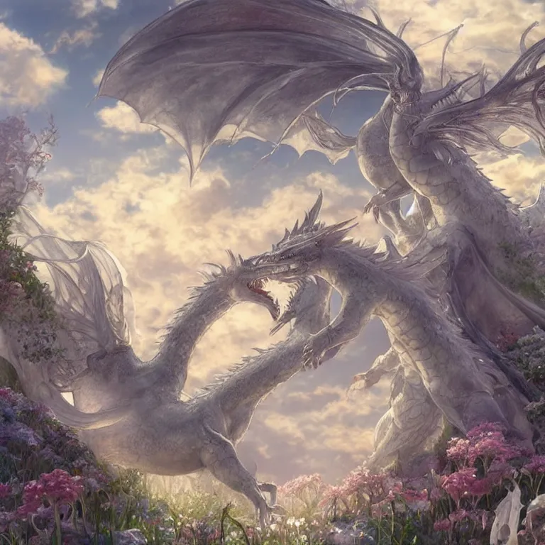 Image similar to the beautiful hyper detailed scene render that a lonely beautiful girl lies in the arms of a huge silver white dragon alone in fairyland surrounded by white clouds, finely detailed angelic face delicate, style of studio ghibli, makoto shinkai, raphael lacoste, louis comfort tiffany, artgerm, james jean, ross tran, animation style, hd, ultra wide angle