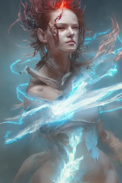 Prompt: torso closeup beautiful girl necromancer, witch - doctor exploding into space casting spell, angels, 3 d render, hyper - realistic detailed portrait, holding fire and electricity, ruan jia, wlop. scifi, fantasy, magic the gathering, hyper detailed, octane render, concept art, peter mohrbacher