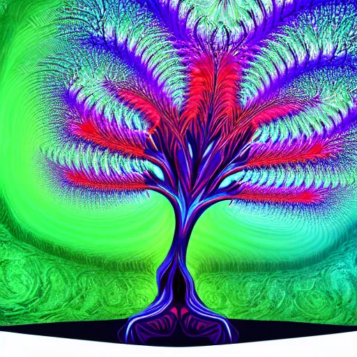 Prompt: fractal tree in deep psychedelic space in style of Brom Gerald