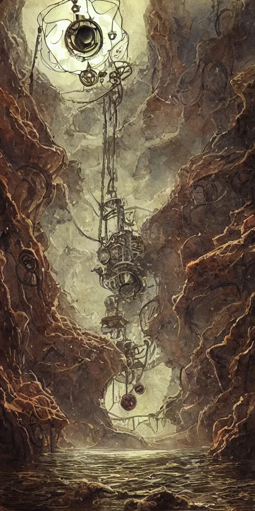 Image similar to a lovecraftian expressive water colour of a steampunk planet by josep tapiro baro in the style of romanticism art, dynamic lighting