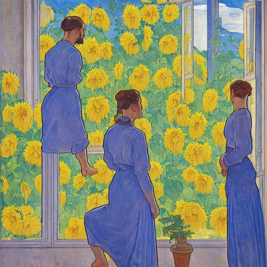 Prompt: a painting in the style of ferdinand hodler, a man looks through the window of an old house and sees a woman in a blue dress surrounded by sun flowers