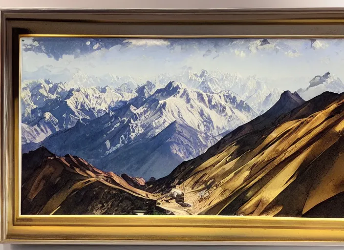 Image similar to a copic maker illustration of the andes mountain range in santiago de chile framed by a train window by john berkey norman rockwell and giorgio de chirico