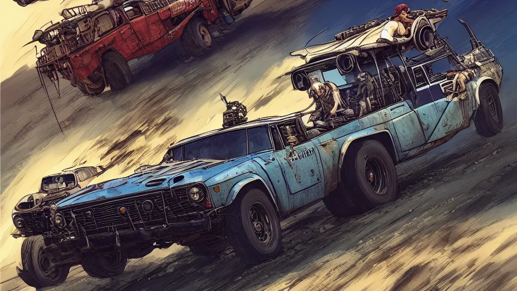 Image similar to digital illustration of mad max's fj 4 0 pursuit special riding fury road eternal shiny and chrome, the last v 8 interceptor driving down to the gates of valhalla highway in the middle of the day, anime style, year 2 0 9 3, by makoto shinkai, ilya kuvshinov, lois van baarle, rossdraws, basquiat