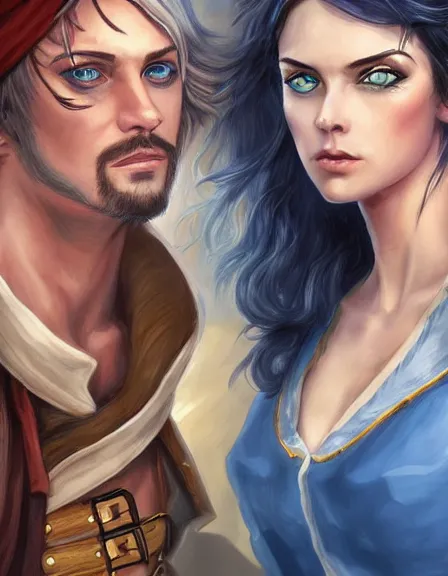 Image similar to couple. fully clothed armed female pirate captain with a male pirate partner, sun, summer, blue eyes, beauty, wisdom, love, strength, knowledge, smart, portrait, symmetrical, highly detailed, digital painting, artstation, smooth, sharp focus, illustration, strength, art by artgerm and louis theophile hingre. 8 k