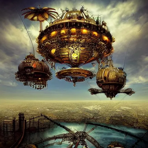 Image similar to flying! city in a mechanical flower, sky!, fantasy art, steampunk, masterpiece