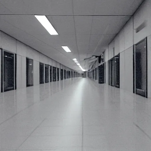 Prompt: cctv footage of government facility hallway distorted by gravitational lensing