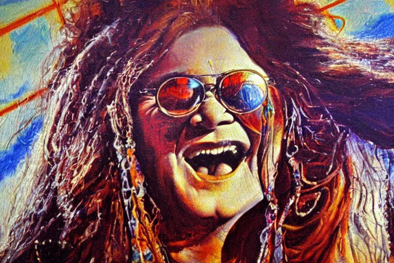 Prompt: highly detailed oil painting of janis joplin playing in woodstock 1 9 6 9, very realistic, top view, art nouveau, dramatic light,