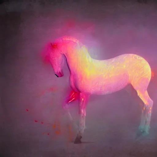 Prompt: a babyhorse by cy Twombly and BASTIEN LECOUFFE DEHARME, pink and yellow, iridescent, volumetric lighting