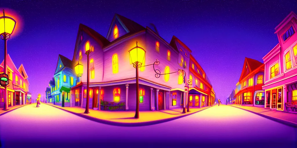 Prompt: curved perspective digital art of a summer night small town street pastel colors from tim burtons nightmare before christmas by petros afshar, 1 5 º camera angle