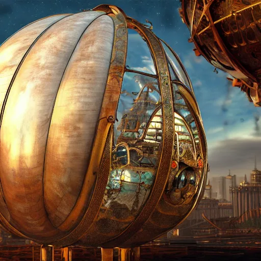 Image similar to enormous flying city in a rusted faberge egg, sky, steampunk, fantasy art, unreal engine,