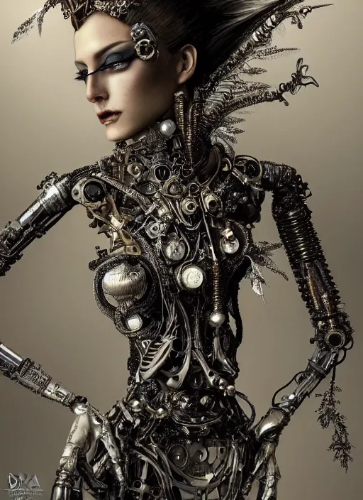 Prompt: portrait of beautiful female robot super model wearing a detailed steampunk with mechanical wing, perfect symmetrical pose, sharp, by irakli nadar with intricate detailed wearing silver victorian dress designed by alexander mcqueen and rocky gathercole, haunting, elite, elegant, ruan jia, dark, hyper detailed, concept art, intricate, detailed