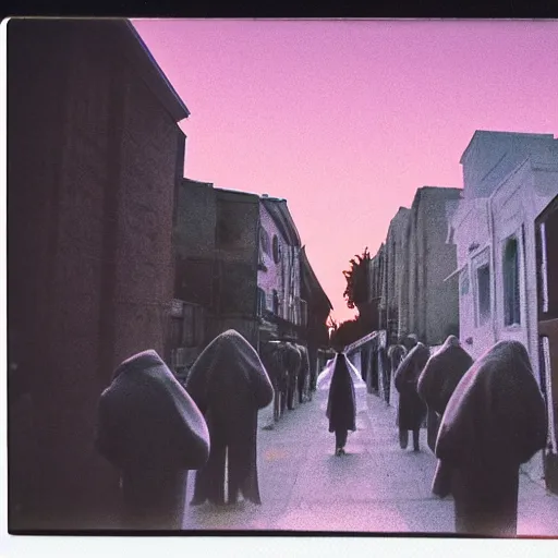 Image similar to low angle wide shot of busy Night Vale street, angels do not exist, hooded figures in robes, sunset, polaroid photo, by Warhol,