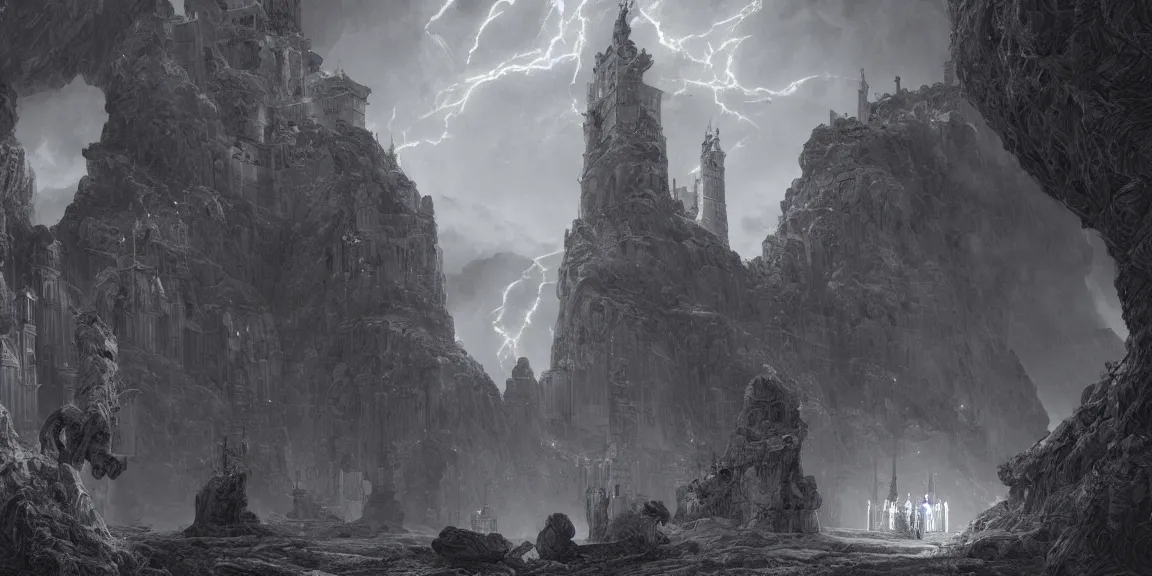 Image similar to the holy castle of Zeus, electrified, lightning-based, with statues, hyperdetailed, artstation, cgsociety, by greg rutkowski, by Gustave Dore, Deviantart