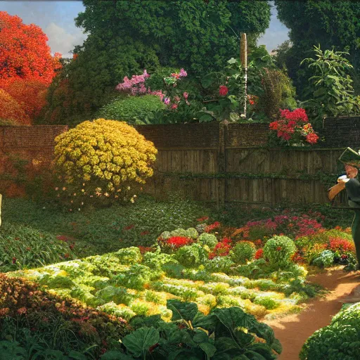 Prompt: highly detailed vegetable garden, lots of leaves, fence line, detailed. rule of thirds. intricate. sharp focus. wide angle. unreal engine 8 k. painting by maxfield parrish. wlop. greg rutkowski.