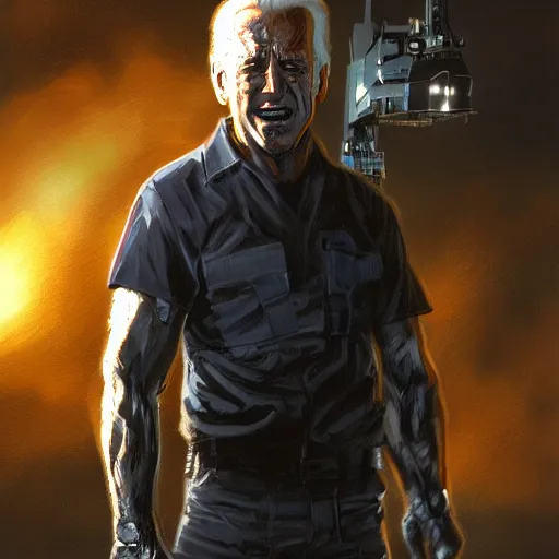 Image similar to joe biden as the terminator, dramatic lighting, cinematic, establishing shot, extremly high detail, photorealistic, cinematic lighting, artstation, style by James Gurney